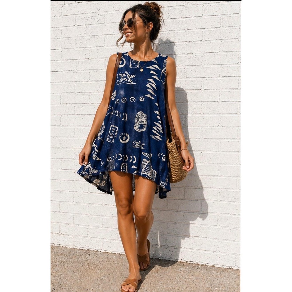 Vintage Jessica Taylor Blue Abstract Print Swing Dress Coastal Boho OS